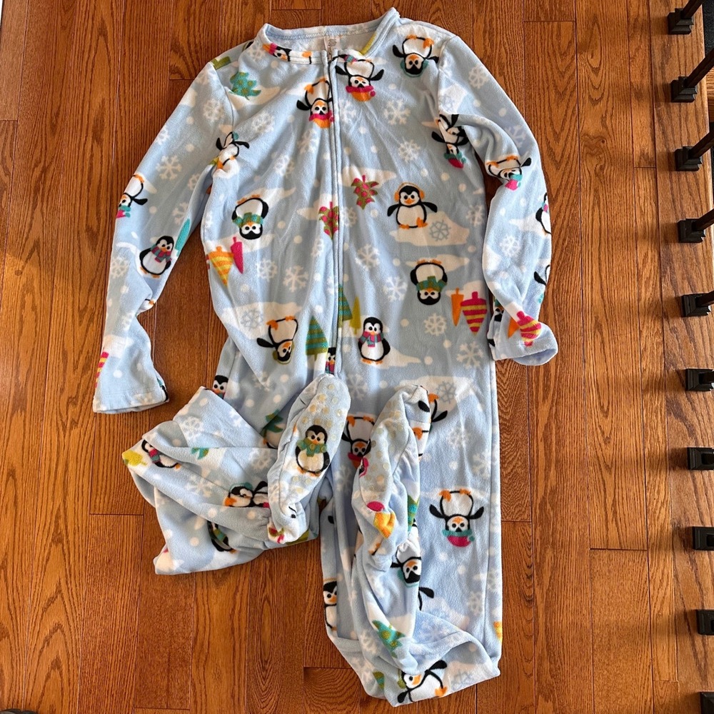 Blue‎ Fleece Penguin Footed Pajamas Union Suit S/M Winter Holiday Sleepwear